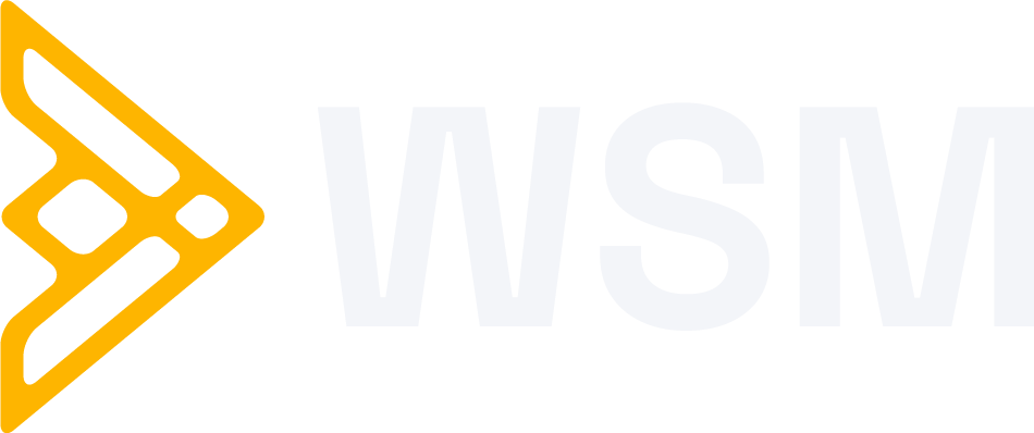 White version of the Wicked Stinger Media logo abbreviated as WSM